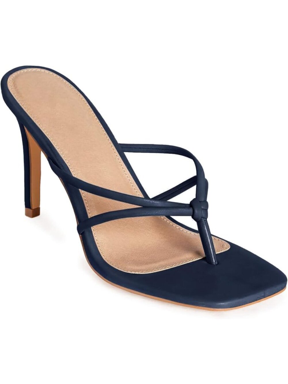 Women's Navy Heeled Sandals Strap Square Toe Flip Flops Stiletto Sandals
